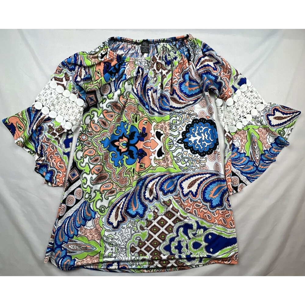 Win Win Paisley Tunic Off The Shoulder Lace Accent Bell Sleeves L/XL